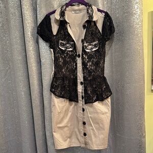 Black Lace Overlay Dress, stripes and pockets button down with pockets-Small